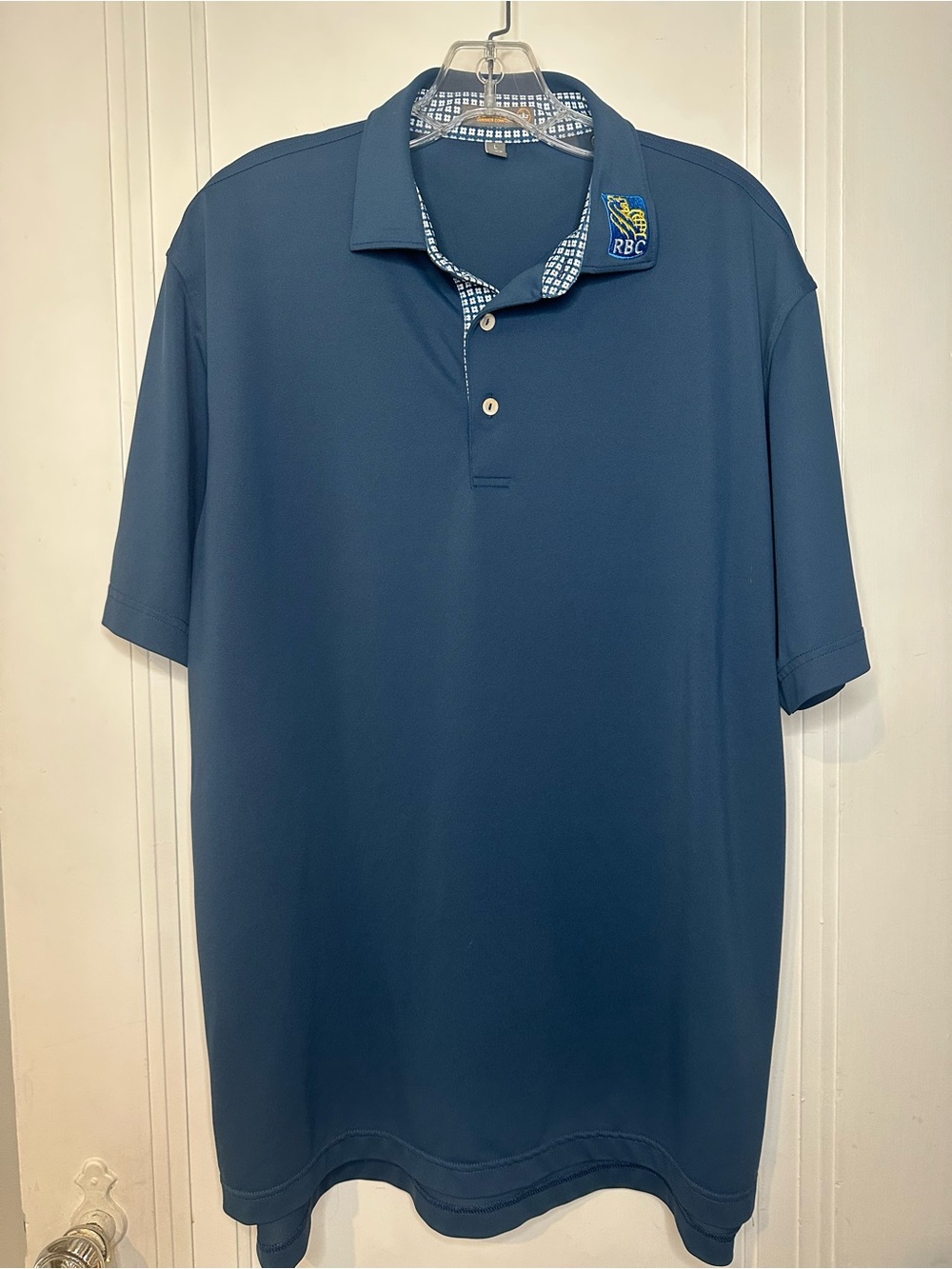 Peter Millar Blue Short-Sleeve Polo with Collar Accent, RBC and Glen Arbor logos